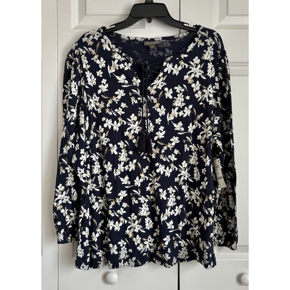 STYLE & CO. WOMEN'S TOP NAVY FLORAL PLUS SIZE 2X PEASANT LONG SLEEVES BOHO